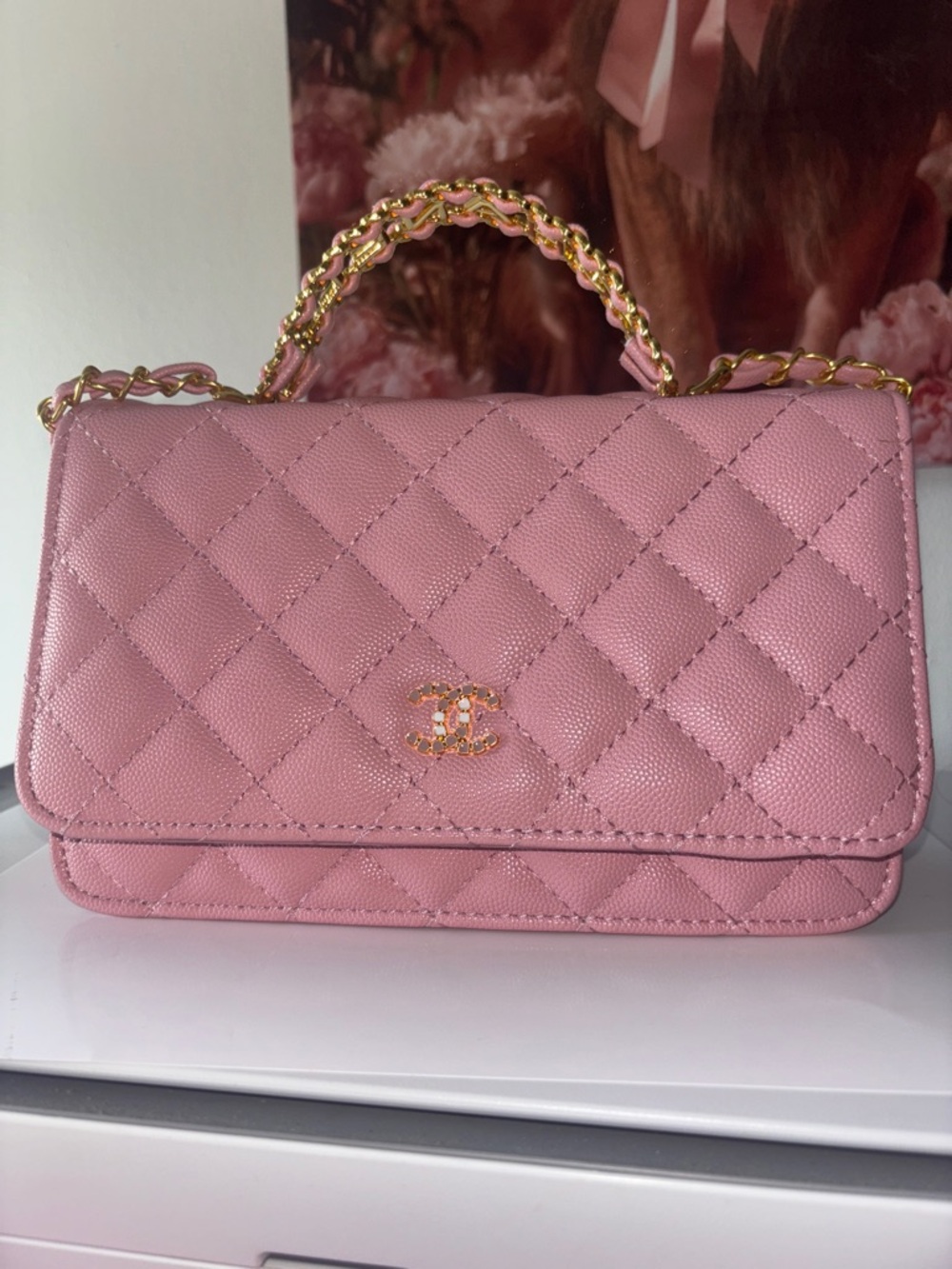 Pink Quilted Mini Top-Handle Bag with Gold Chain